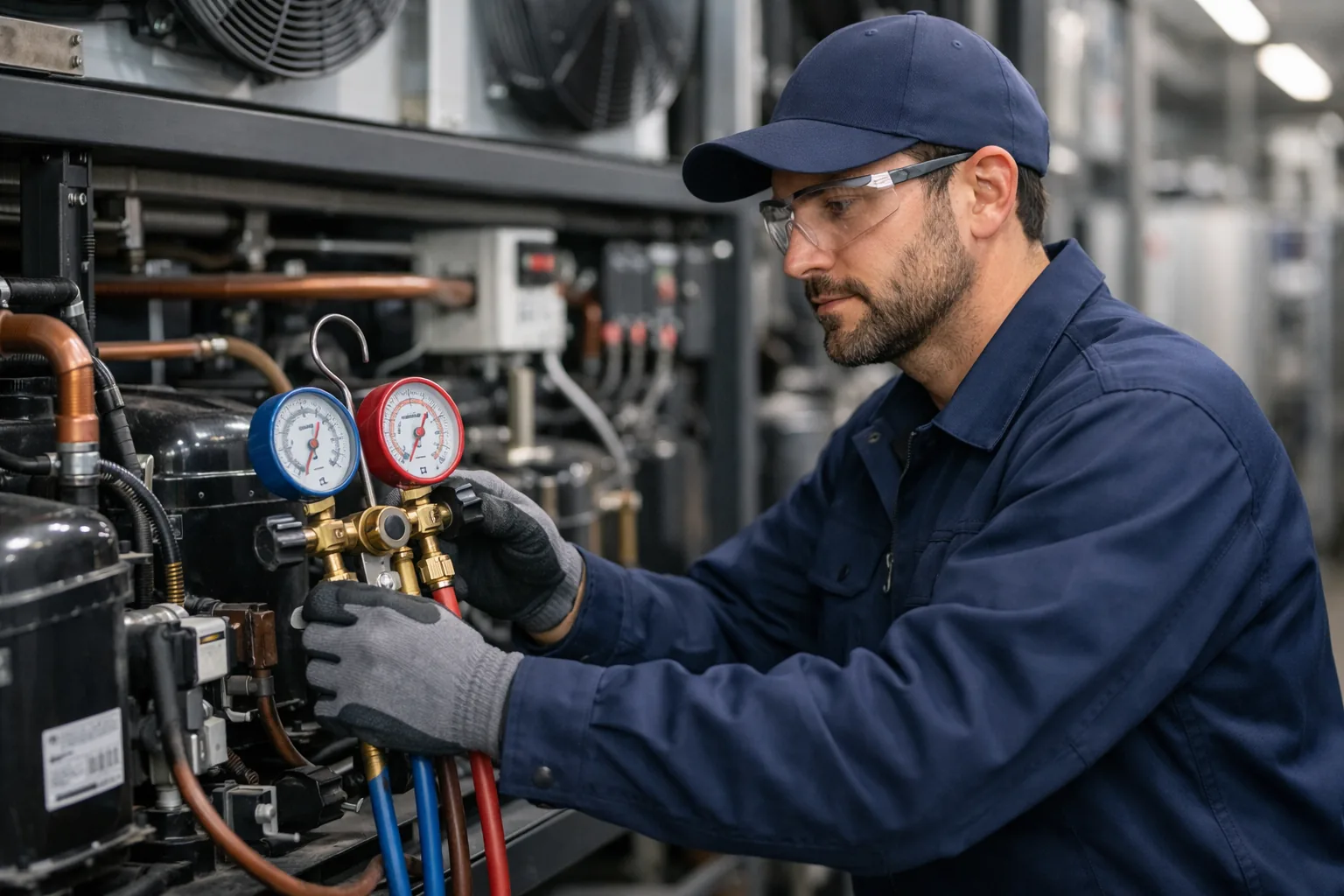 Técnico trabajando en refrigeración comercial